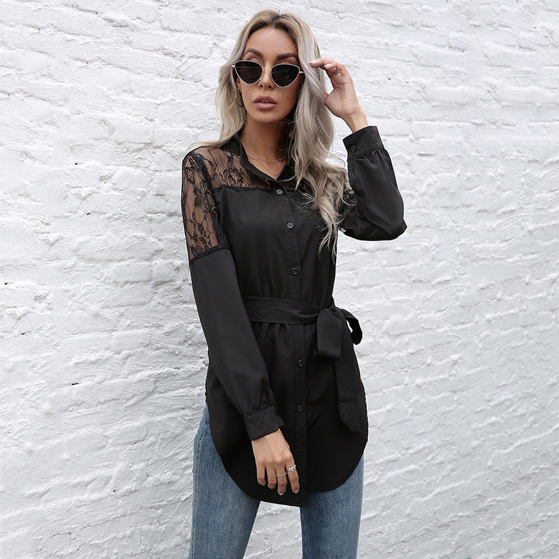 Damen Hemdblusenkleid mit transparenter Spitzenoptik und tailliertem Gürtel R&B