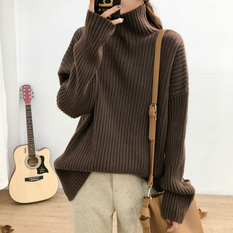 Damen Grobstrickpullover mit hohem Kragen und feiner Rippstruktur R&B
