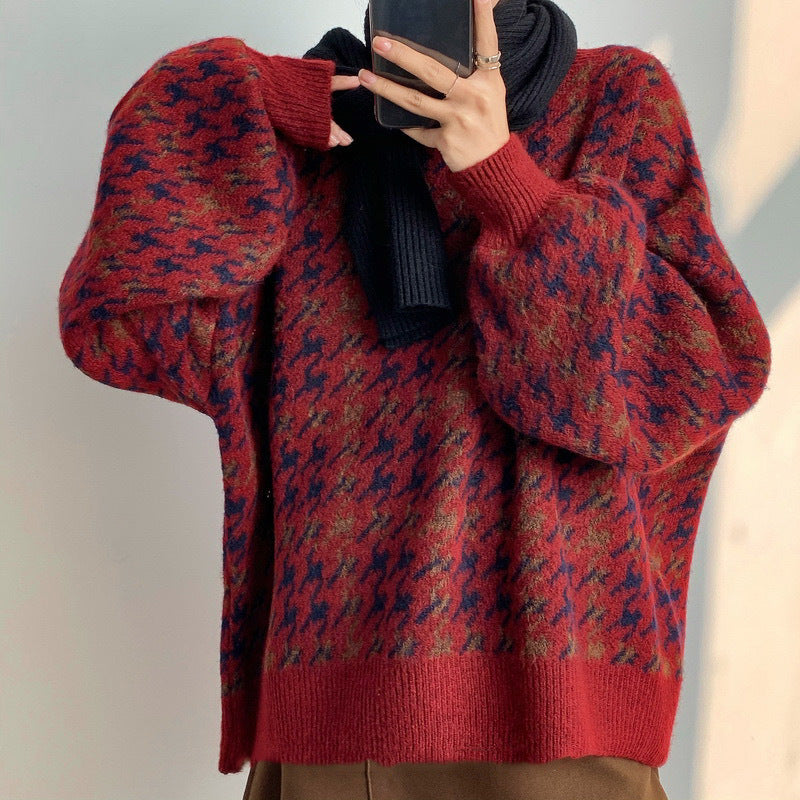 Damen Grob gestrickter Pullover mit modernen Mustern und hohem Kragen