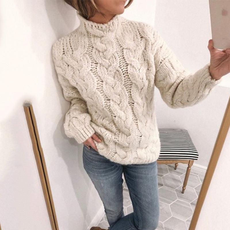 Damen Grobstrickpullover mit Kunststrickmuster und hohem Kragen R&B