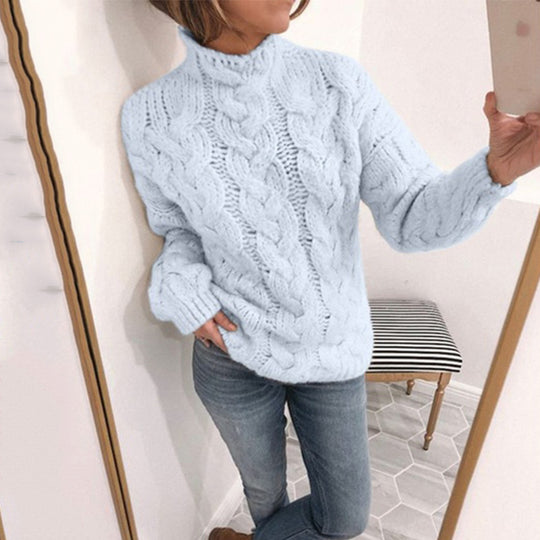 Damen Grobstrickpullover mit Kunststrickmuster und hohem Kragen R&B