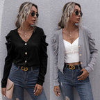 Damen Strickjacke mit dekorativen Knopfdetails und voluminösen Ärmeln R&B