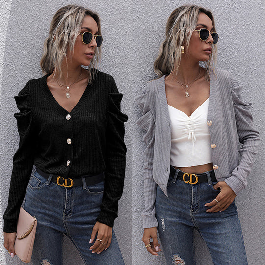 Damen Strickjacke mit dekorativen Knopfdetails und voluminösen Ärmeln R&B