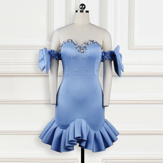 Damen glamouröses Cocktailkleid mit transparenten Puffärmeln und Rüschensaum R&B
