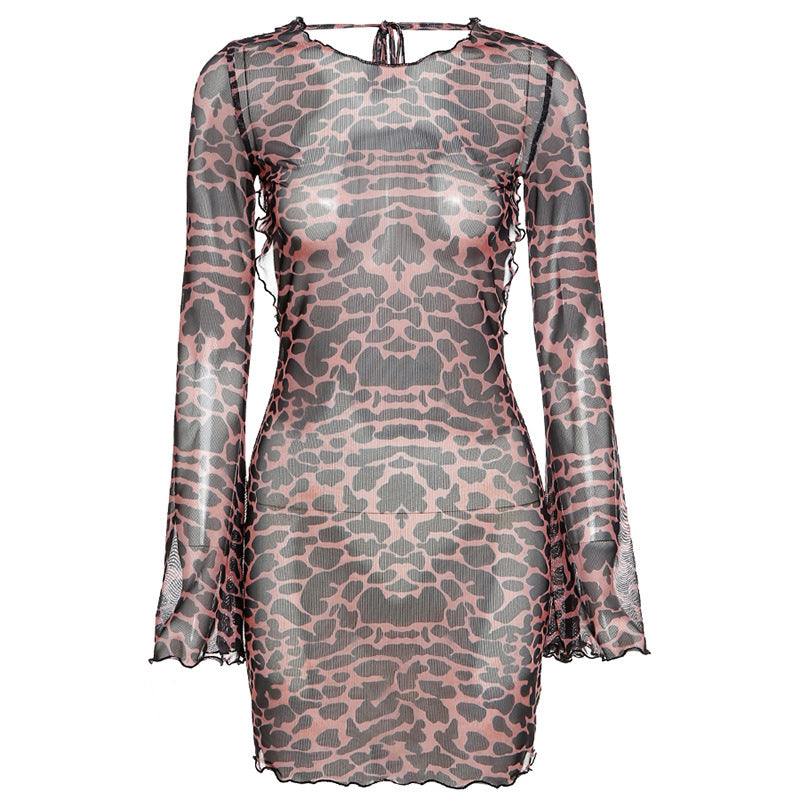 Damen Transparente Minikleid mit elegantem Leo-Print und weiten Ärmel R&B