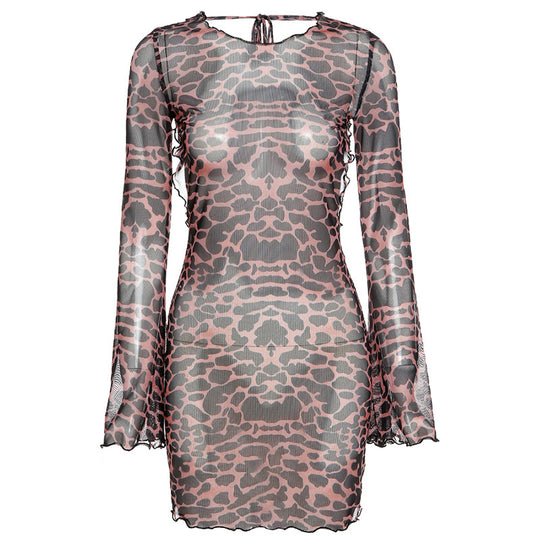 Damen Transparente Minikleid mit elegantem Leo-Print und weiten Ärmel R&B
