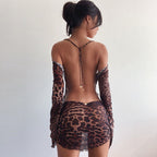 Damen Transparente Minikleid mit elegantem Leo-Print und weiten Ärmel R&B
