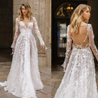 Damen Elegantes Hochzeitskleid mit floralen Spitzenapplikationen und tiefem V-Ausschnitt R&B