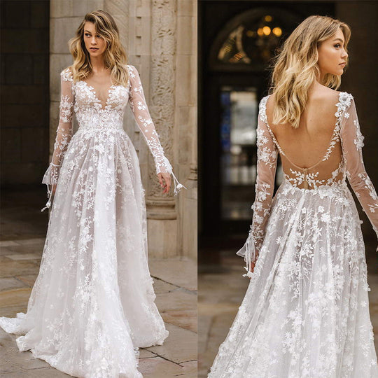 Damen Elegantes Hochzeitskleid mit floralen Spitzenapplikationen und tiefem V-Ausschnitt R&B