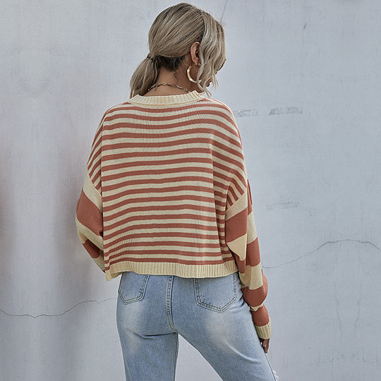 Damen lässiger Oversized Pullover mit Streifenmuster und weiten Ärmeln R&B