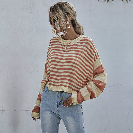 Damen lässiger Oversized Pullover mit Streifenmuster und weiten Ärmeln R&B