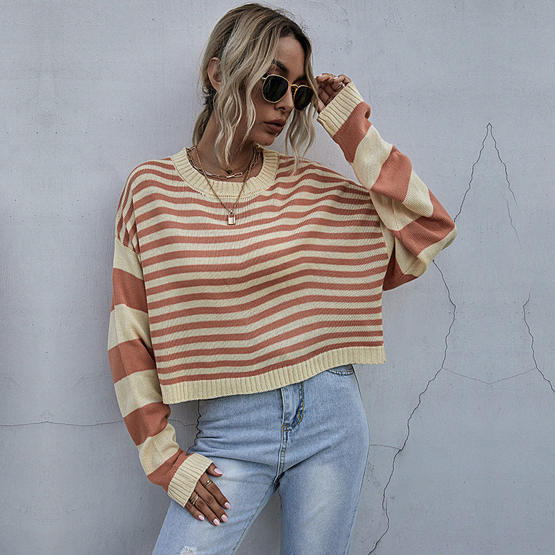 Damen lässiger Oversized Pullover mit Streifenmuster und weiten Ärmeln R&B