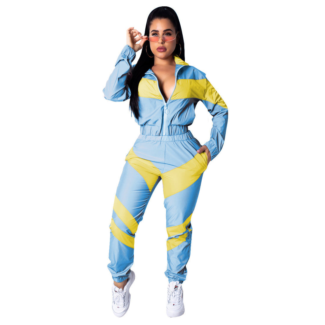 Damen sportlicher Jumpsuit mit modischen Farbblockdetails und hohem Kragen R&B