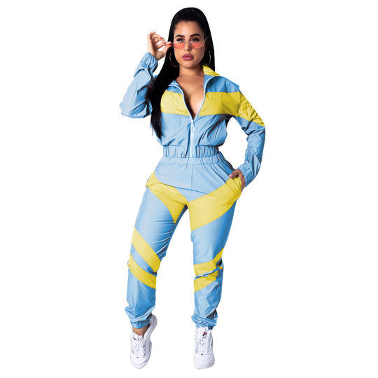 Damen sportlicher Jumpsuit mit modischen Farbblockdetails und hohem Kragen R&B