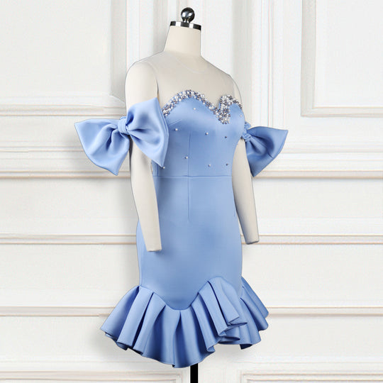 Damen Abendkleid mit transparenten Puffärmeln und Rüschenrand R&B