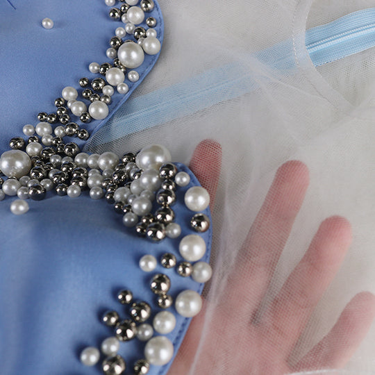 Damen Abendkleid mit transparenten Puffärmeln und Rüschenrand R&B