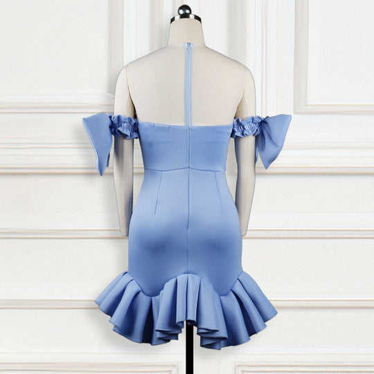 Damen Abendkleid mit transparenten Puffärmeln und Rüschenrand R&B