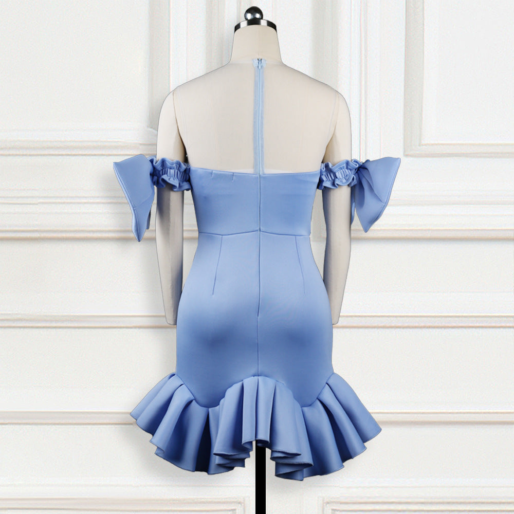 Damen glamouröses Cocktailkleid mit transparenten Puffärmeln und Rüschensaum R&B