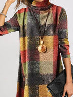 Damen modisches Langarmkleid mit Rollkragen und kariertem Design R&B