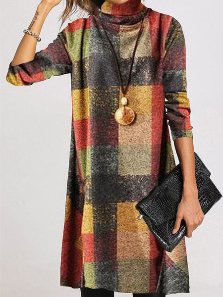 Damen modisches Langarmkleid mit Rollkragen und kariertem Design R&B