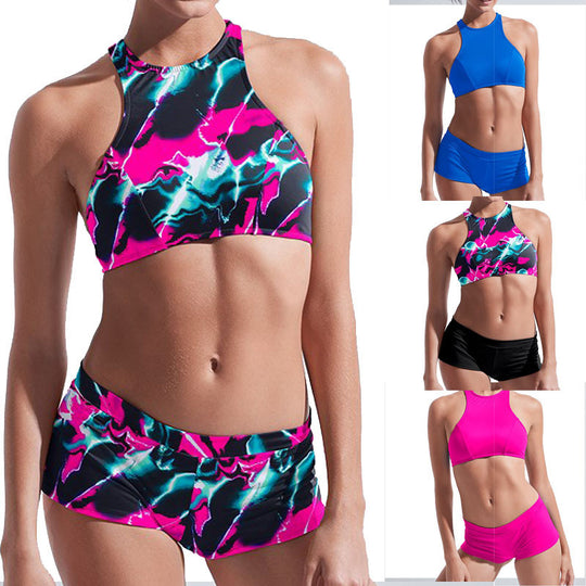 Damen Sport-Bikini mit hochgeschlossenem Oberteil und kurzem Höschen R&B