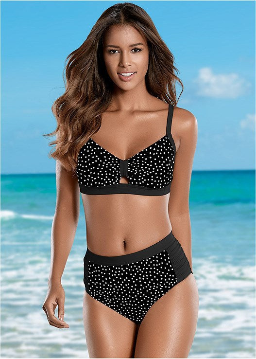 Damen Hochtailliertes Bikini-Set mit gepolstertem Oberteil und modischem Punktdesign R&B
