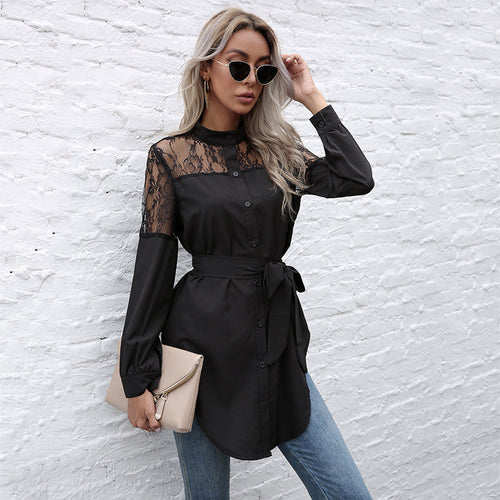 Damen Hemdblusenkleid mit transparenter Spitzenoptik und tailliertem Gürtel R&B