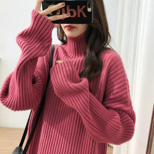Damen Grobstrickpullover mit hohem Kragen und feiner Rippstruktur R&B