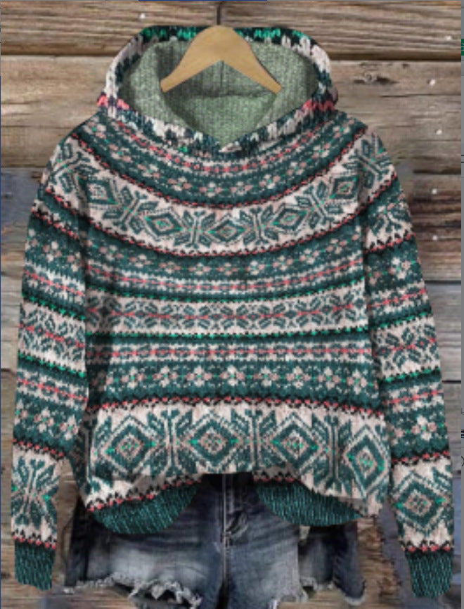 R&B | Damen Strickhoodie mit norwegischem Muster und Kapuze