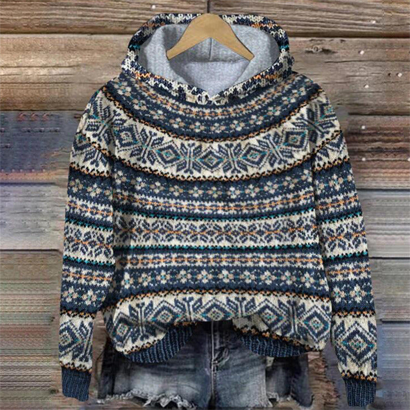 R&B | Damen Strickhoodie mit norwegischem Muster und Kapuze