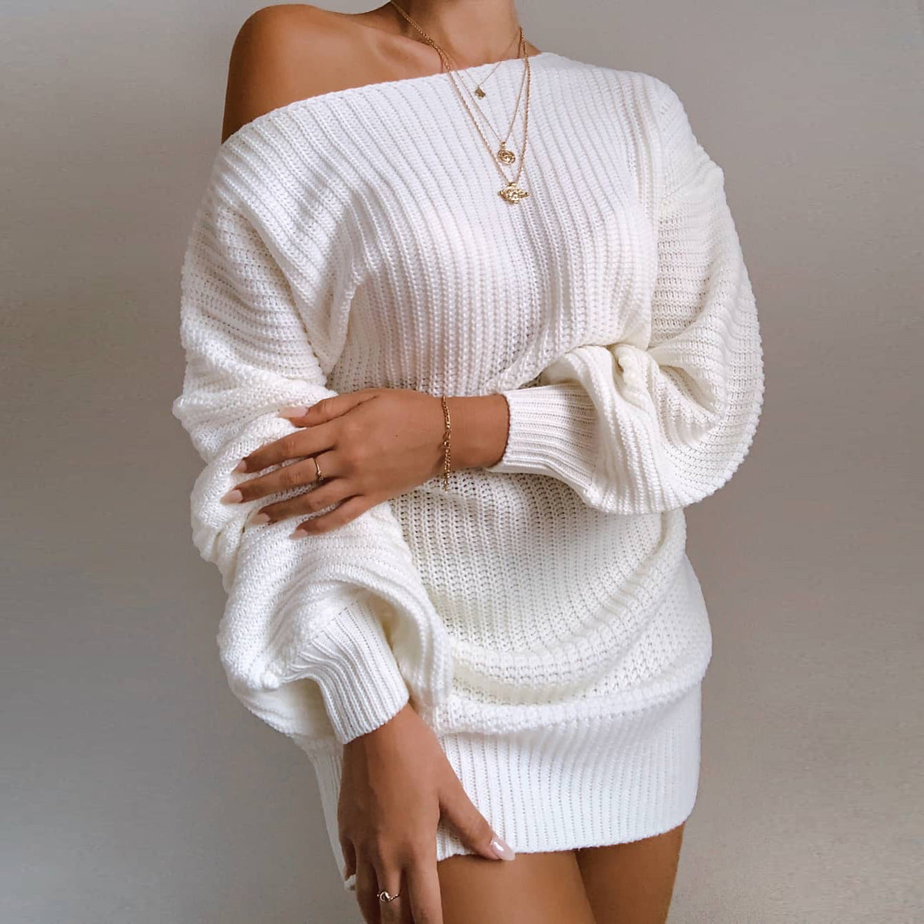 Damen lässiger Strickpullover mit schulterfreiem Design R&B