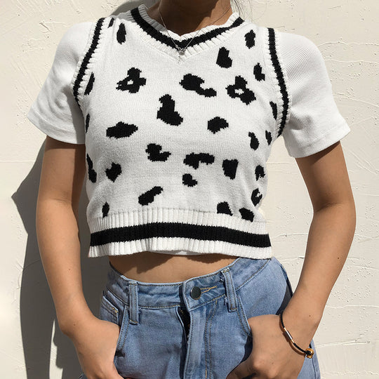 Damen süßes Strick-Crop-Top mit verspieltem Leopardenmuster R&B