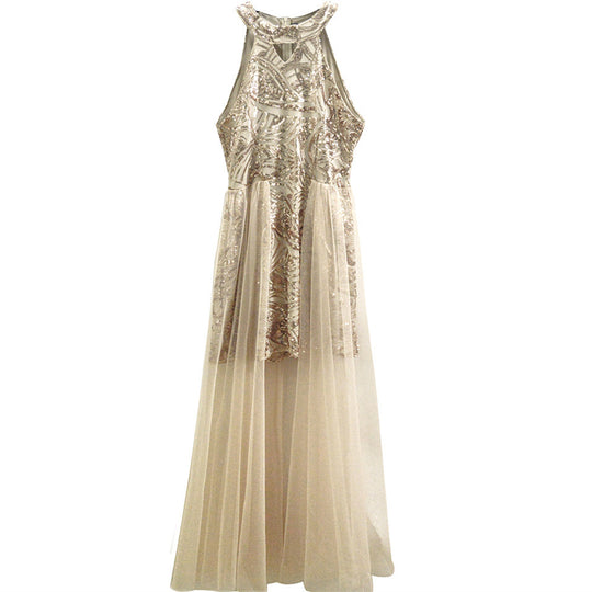 Damen Glamouröses Cocktailkleid mit transparenter Schleppe und funkelnden Pailletten R&B