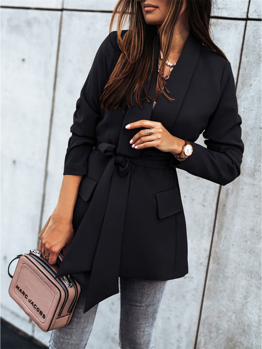Damen elegante Blazerjacke mit Bindegürtel und praktischen Taschen R&B