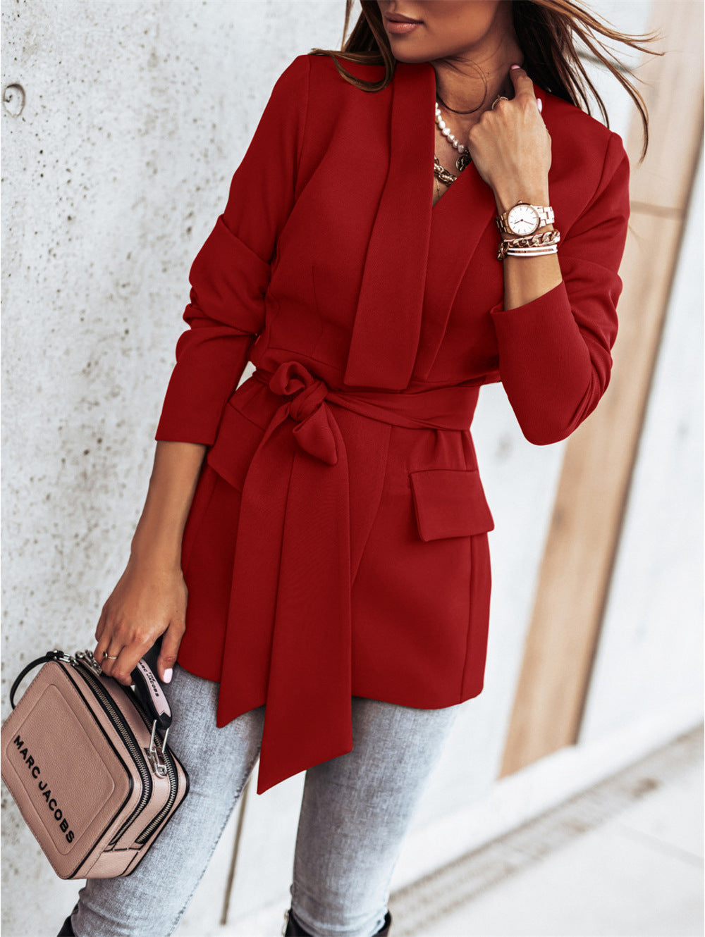 Damen elegante Blazerjacke mit Bindegürtel und praktischen Taschen R&B