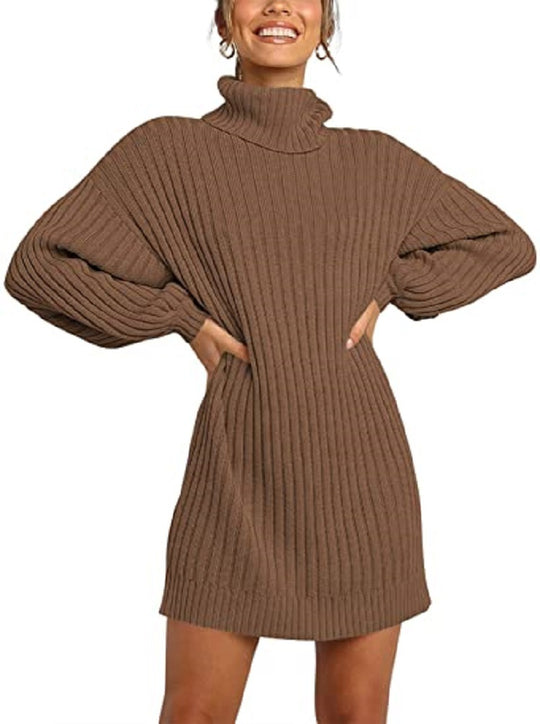 Damen Strickkleid mit hohem Kragen und weit geschnittenen Ärmeln R&B