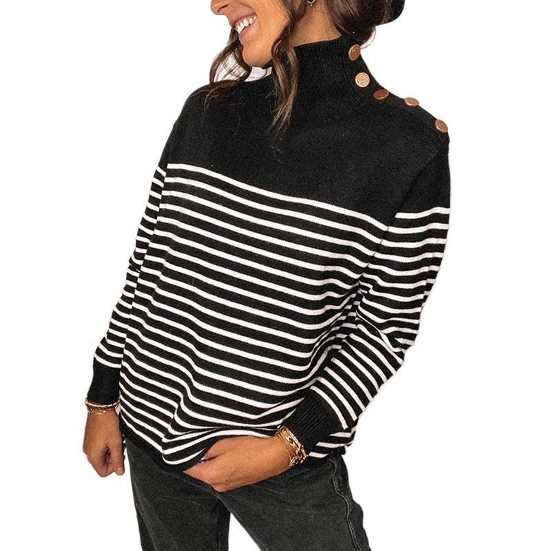 Damen modischer Streifenpullover mit hohen Kragen und dekorativen Knöpfen R&B