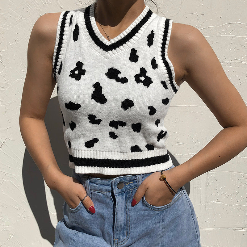 Damen süßes Strick-Crop-Top mit verspieltem Leopardenmuster R&B