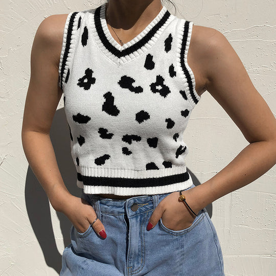 Damen süßes Strick-Crop-Top mit verspieltem Leopardenmuster R&B