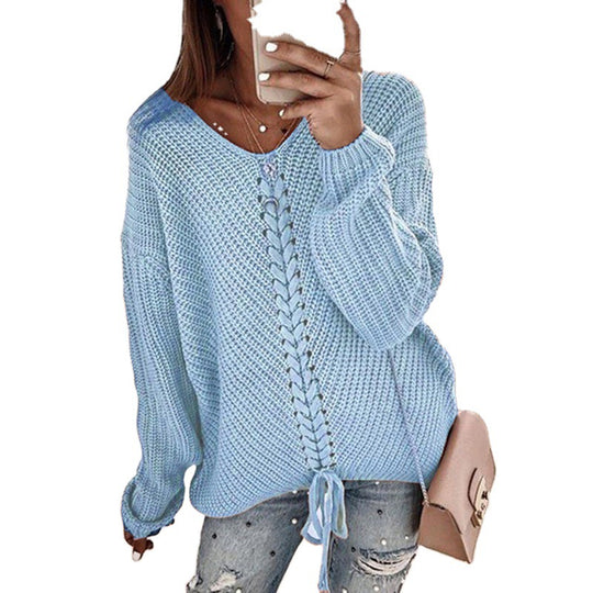 Damen Großer Strickpullover mit tiefem V-Ausschnitt und dekorativem Kordeldetail R&B