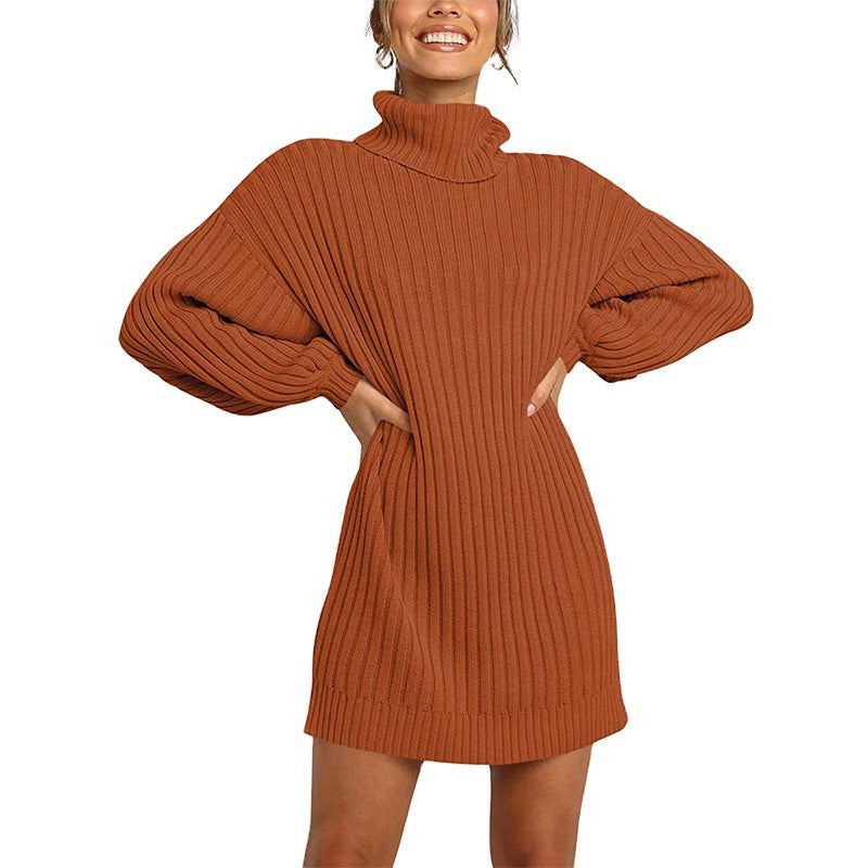 Damen Grobstrick Pulloverkleid mit hohem Kragen und überschnittenen Schultern