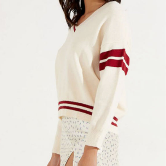 Damen sportlicher V-Ausschnitt Pullover mit Streifen R&B