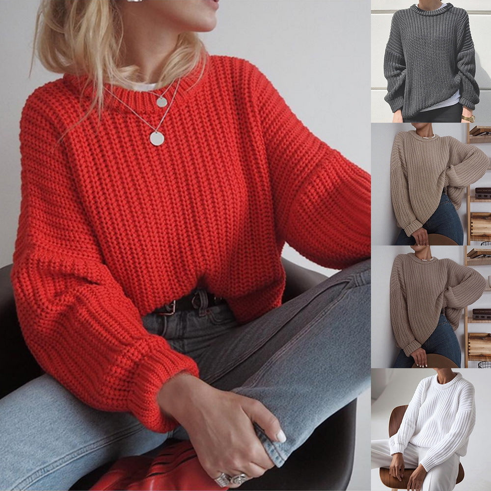 Damen Grobstrickpullover mit lässigem Schnitt und Ballonärmeln