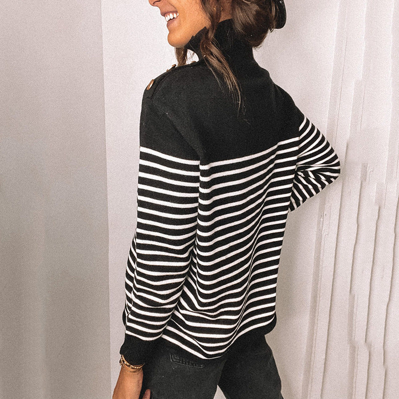 Damen modischer Streifenpullover mit hohen Kragen und dekorativen Knöpfen R&B