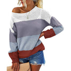 Damen lässiger Strickpullover mit weitem Ausschnitt und strukturiertem Farbblockdesign R&B
