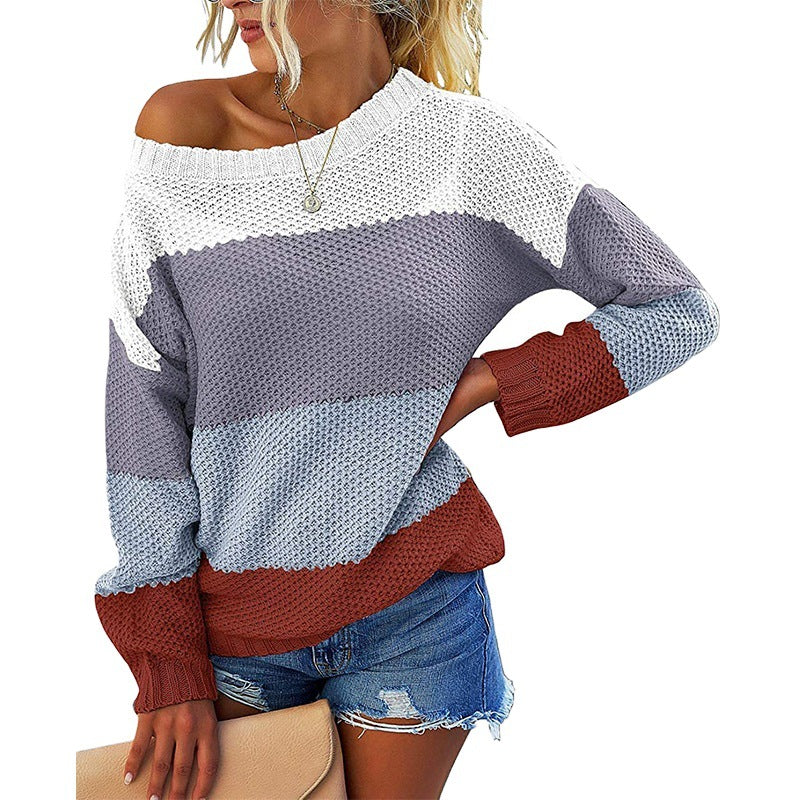 Damen lässiger Strickpullover mit weitem Ausschnitt und strukturiertem Farbblockdesign R&B