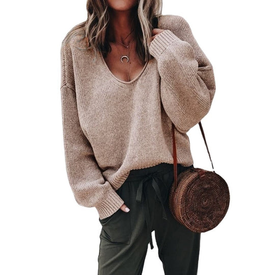 Damen V-Ausschnitt Grobstrickpullover mit überschnittenen Schultern R&B