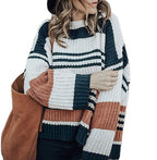 Damen lässiger Strickpullover mit hohem Schnitt und raffiniertem Streifenmuster R&B