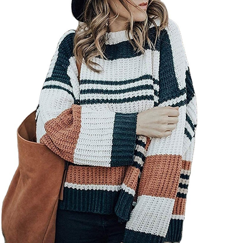 Damen lässiger Strickpullover mit hohem Schnitt und raffiniertem Streifenmuster R&B