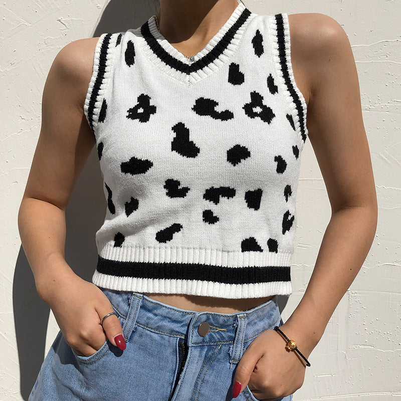 Damen süßes Strick-Crop-Top mit verspieltem Leopardenmuster R&B